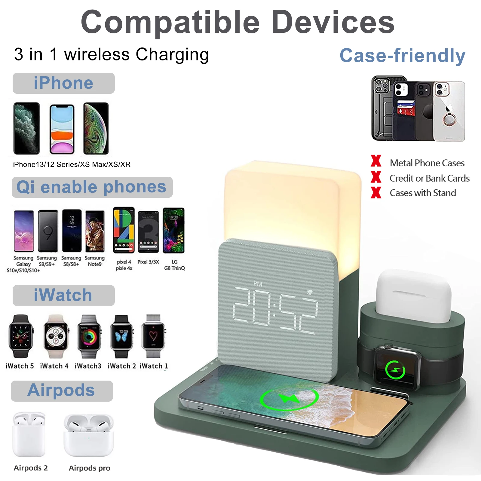 wireless charger 15w mobile phone fast charging desktop stand alarm clock night light desk lamp watch headset charging stand free global shipping