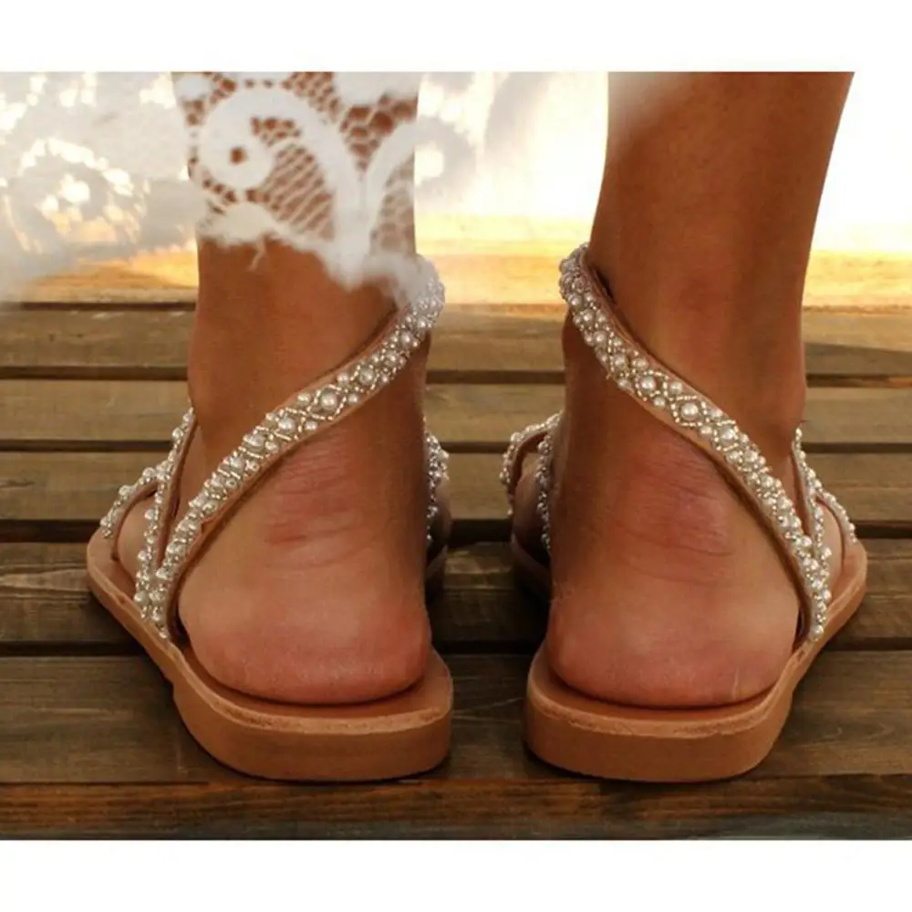 

Summer Flat Sandals roman rhinestones flat Plus size women's sandals Toe Rhinestone Pearl Beach Shoes