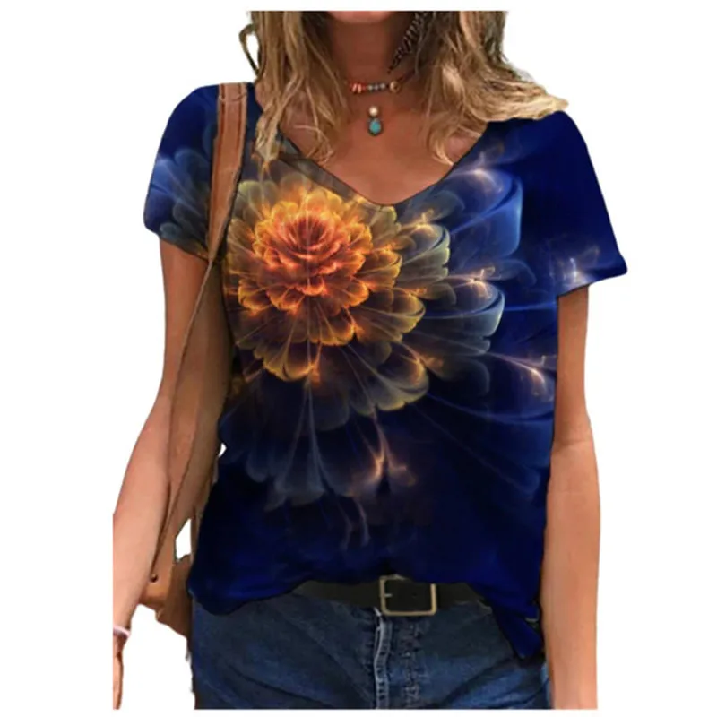 

2021 Women 3D Abstract Plant Flowers T Shirt Summer Short Sleeve V-Neck Loose Tops Oversized Ladies Casual Street Tee Plus Size
