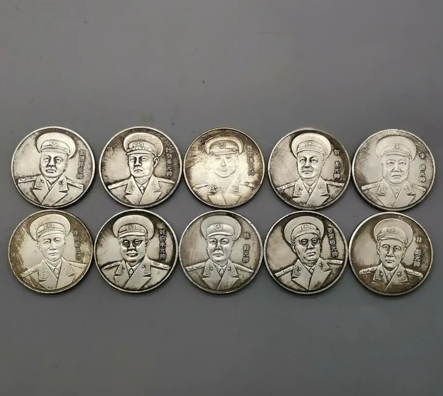 

China White copper archaize Ten marshals Commemorative coins crafts statue A set