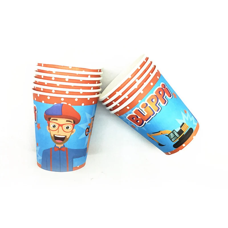 Blippi День рождения поставки посуда бумажные стаканчики и тарелки Шапки Baby Shower
