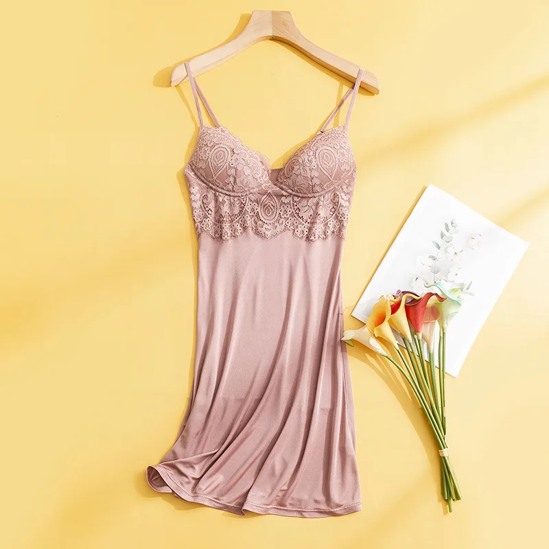 Flame of dream Silk Suspender Nightgown Lace Sexy Nightdress With Breast Pad 21-909