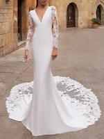 mermaid wedding dresses v neck court train lace satin long sleeve plus size illusio buttons bride gown robe de mairee