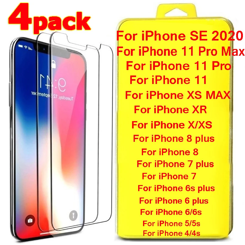 4 шт./упак. HD Экран протекторы для Iphone11 Pro Max X XS XR 6 7 8 Plus SE 2020 с уровнем твердости 9H