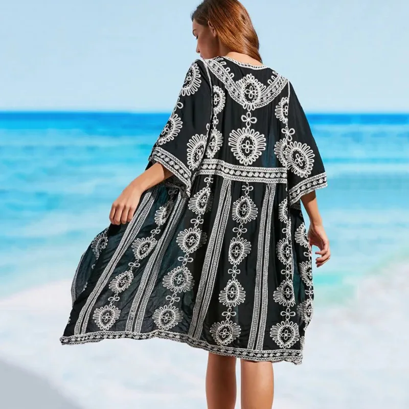Черная хлопковая Пляжная накидка с вышивкой Saida de Praia пляжный кафтан купальный