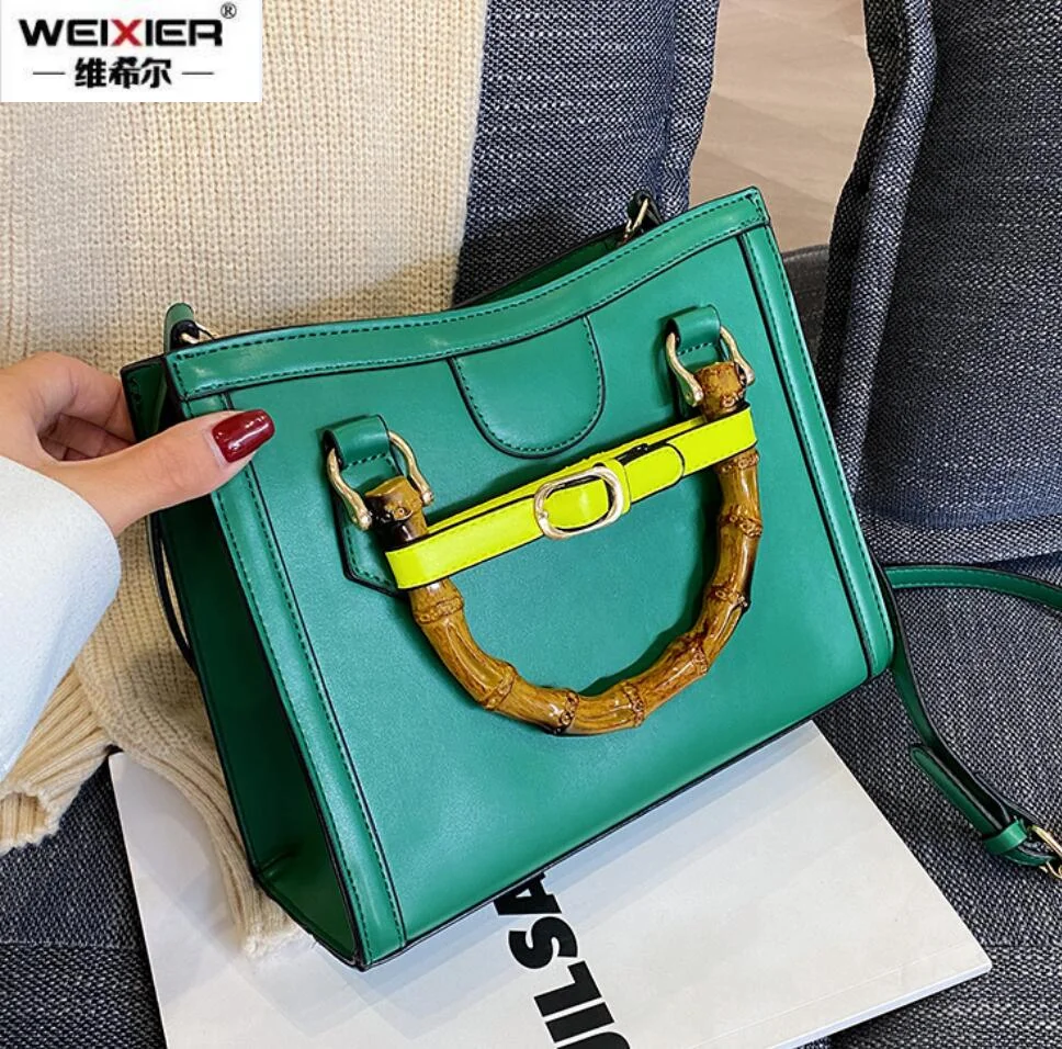 

Luxury Brand Totes With Bamboo Handle 2021 Winter New PU Leather Women's Designer Handbag Contrast color Shoulder Messenger Bags