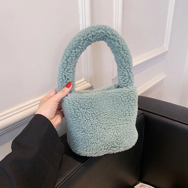 

Estelle Wang Casual Tote Faux Fur Top-handle Bags Fashion Women Winter Soft Pocke Samll Handbag Warm Clutch Candy Color Bag