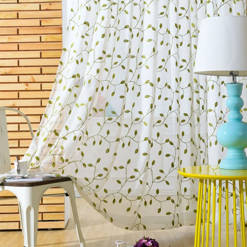 Занавески с вышивкой в деревенском стиле узором зеленых листьев для гостиной