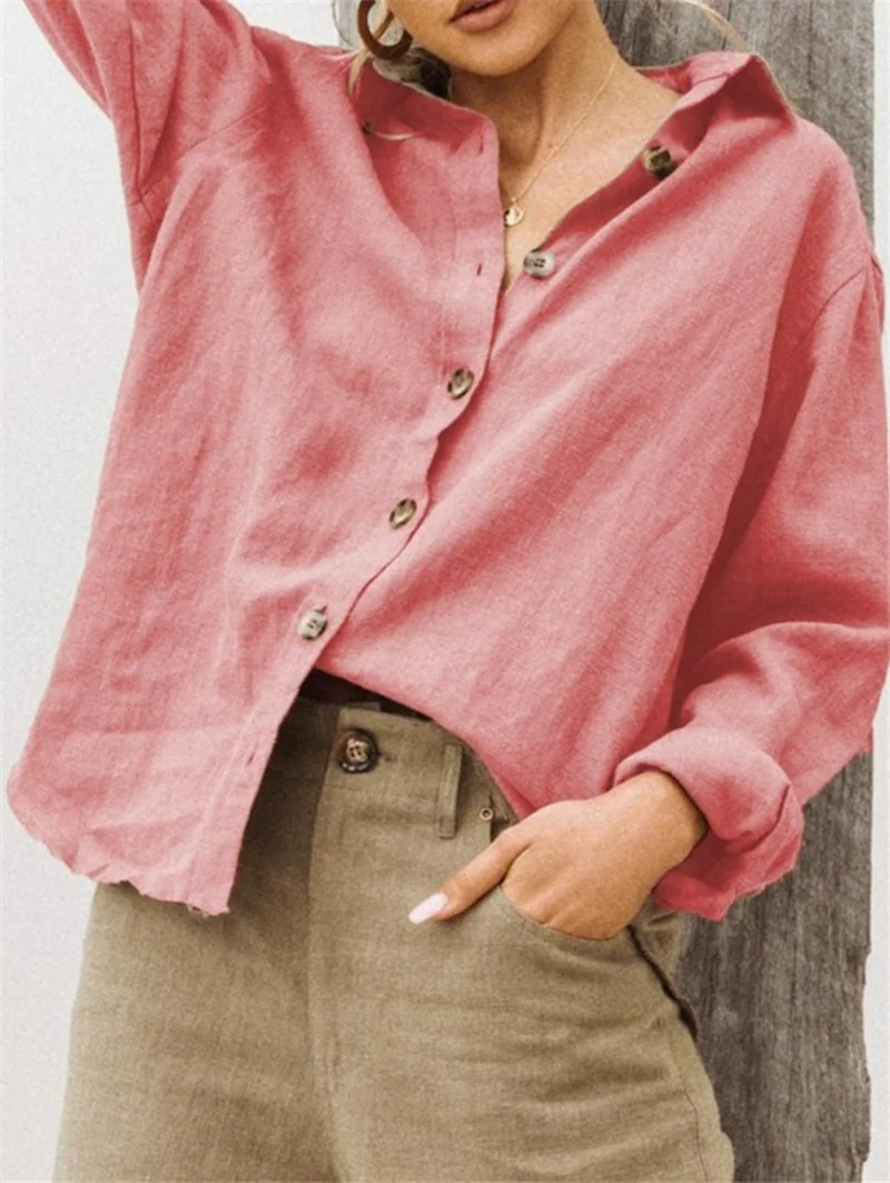 

2021 Spring Autumn Vintage V-Neck Cotton Linen Blouse Shirts Women Casual Solid Long Sleeve Tops Ladies Plus Size Button Blusa