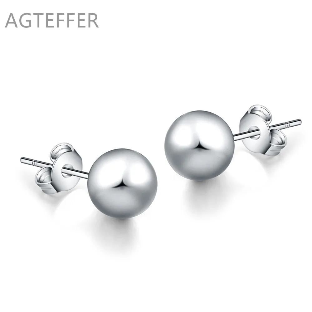 

AGTEFFER 925 Sterling Silver 8mm / 10mm Smooth Circle Bead Earrings Woman Simple Fashion Silver Jewelry
