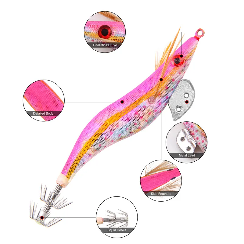 

10Pcs 12g-20g Squid bait hooks Wooden Shrimp jig Fishing Lures hooks wooden Artificial light jigging lure with bag trout