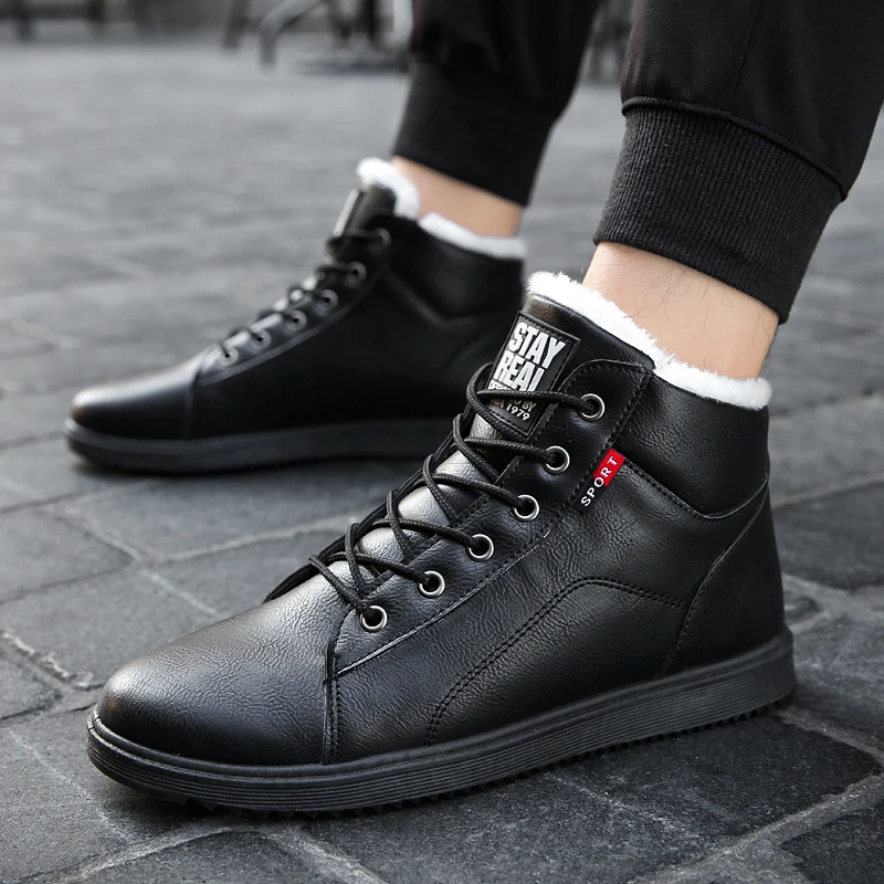 Мужские кожаные ботинки на меху KAMUCC черные повседневные теплые до щиколотки с