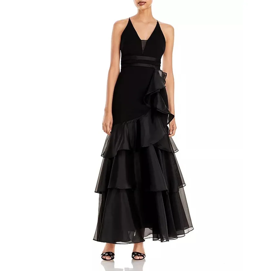 

Tiered-Ruffle Crepe Gown Black V-Neck Party Dress Mermaid Satin Prom Dress Ankle-Length Tulle Dress Elegant Formal Dresses Women