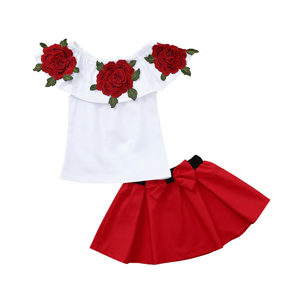 

2pcs Fashion Children Outfits Summer Clothes Toddler Baby Girls Sleeveless Off Shoulder Embroidery Rose Tops+skirts Outfits