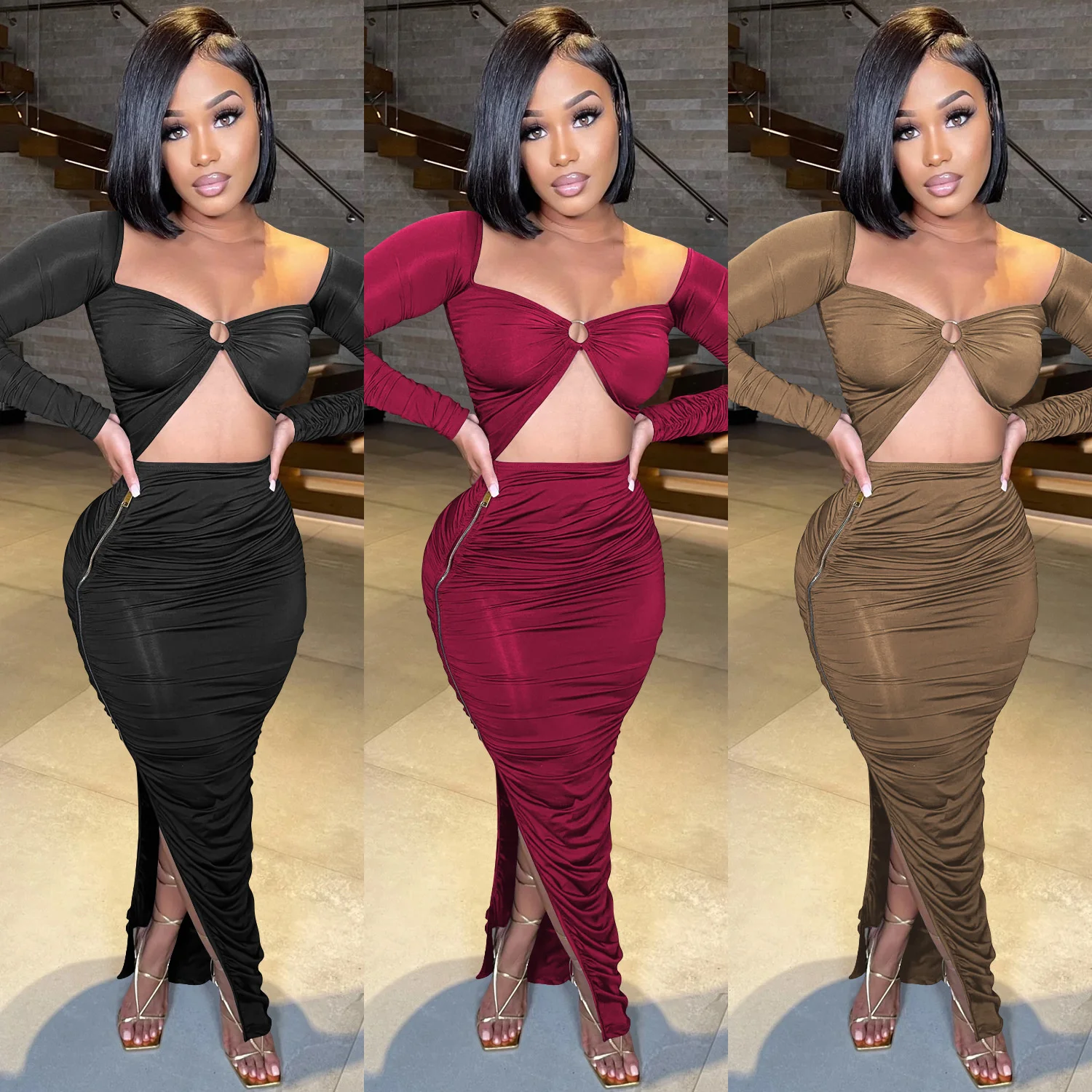 

Zoctuo Zipper Wrinkled Dress Sexy Hollow Out Solid V-neck Dress Fashion Party Night Sexy Women's Long Sleeved Split Dress