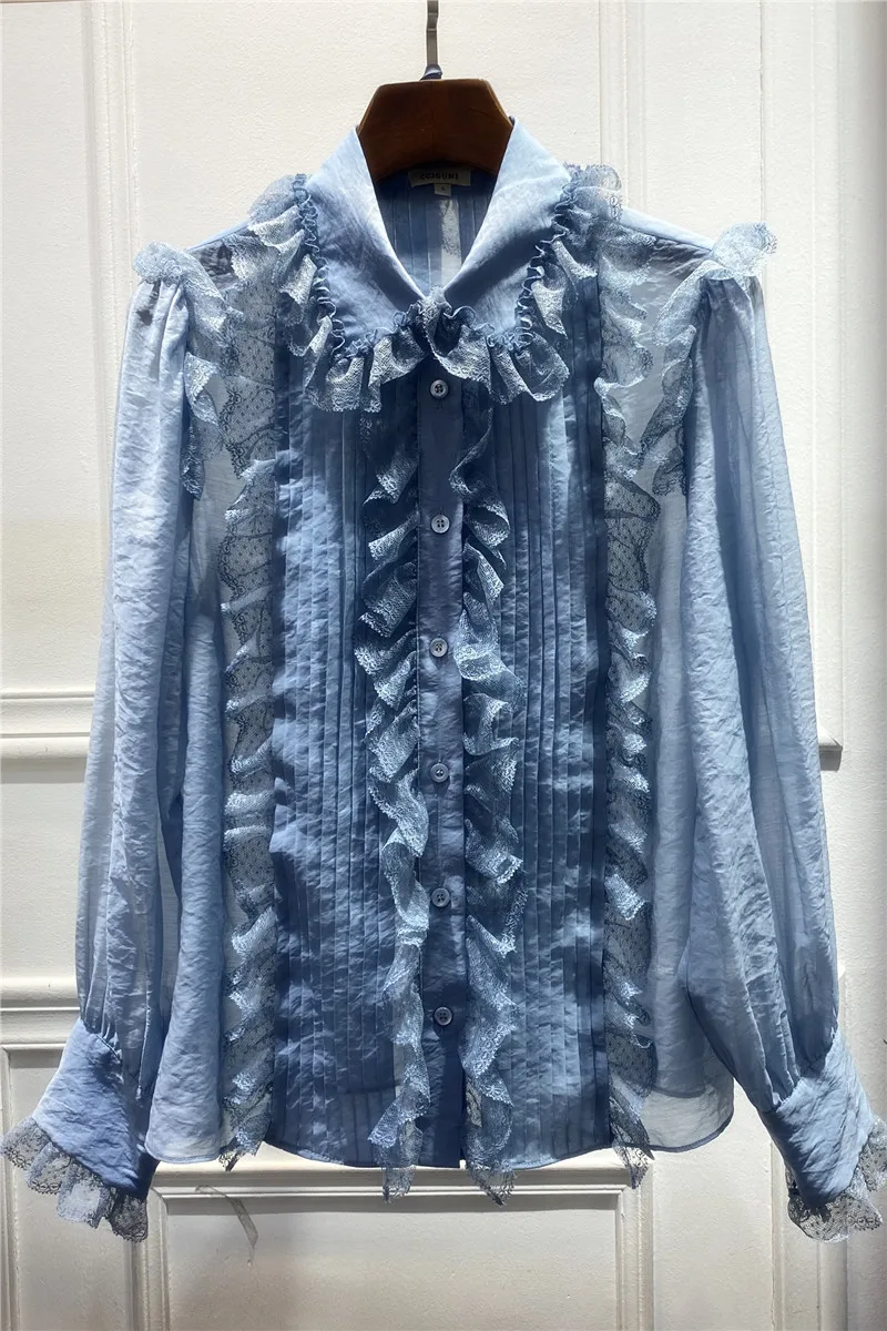 

French long sleeve shirt 2021 spring lace chest crushing two-piece women sweet shirt silk cotton shirt