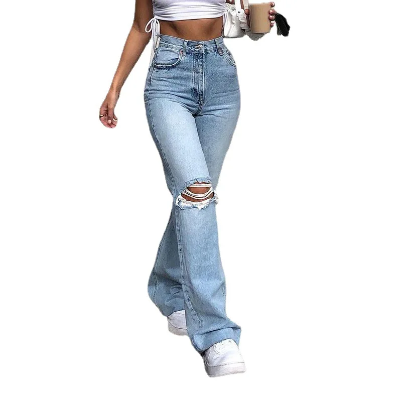 

2021 European and American women's jeans wide leg trousers ripped casual trousers denim flared pants women