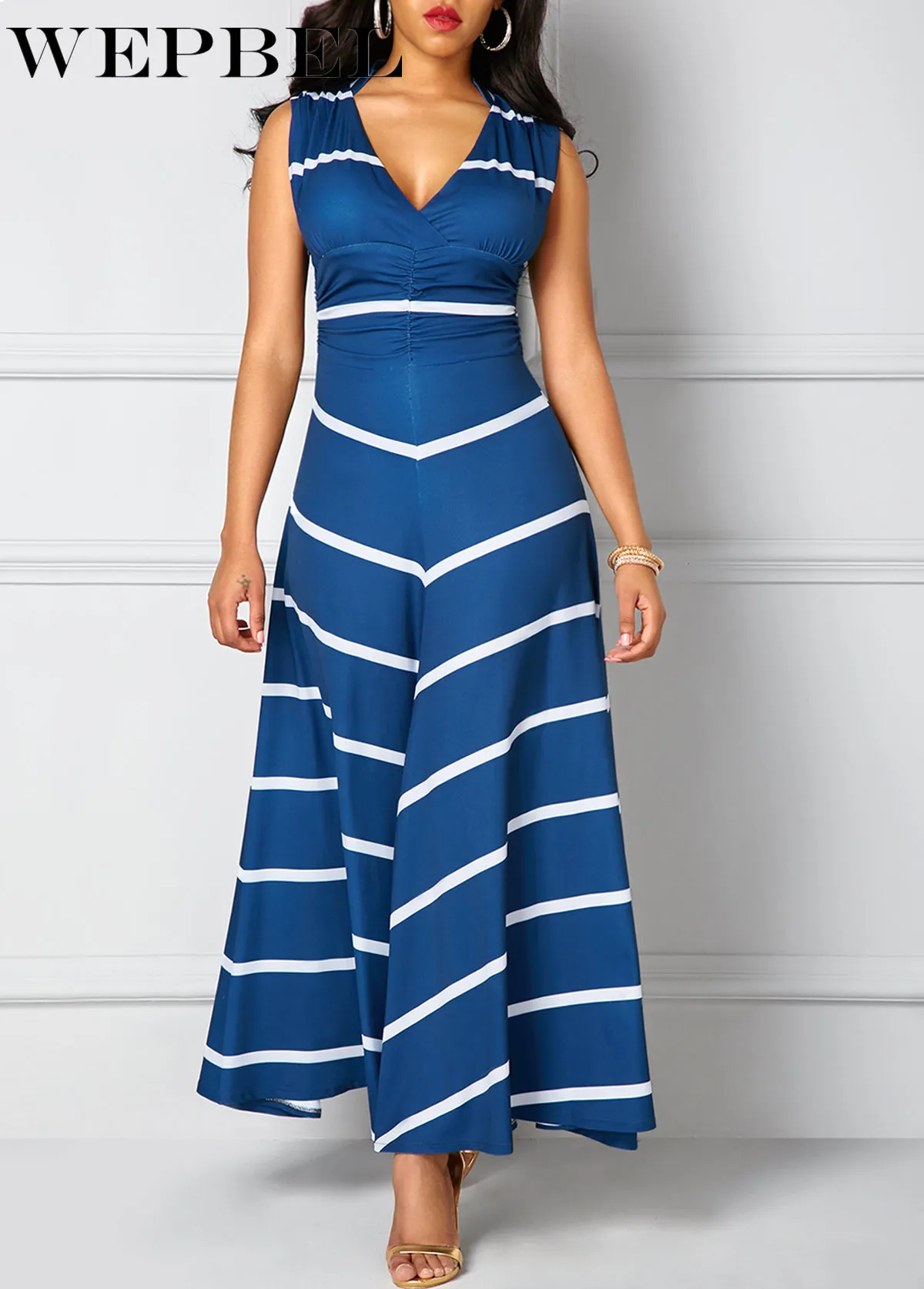 

Mandylandy Women Casual Fashion Ankle-Length Dresses Sexy V-Neck Dresses High Waist Stripe Print Sleeveless Slim A-Line