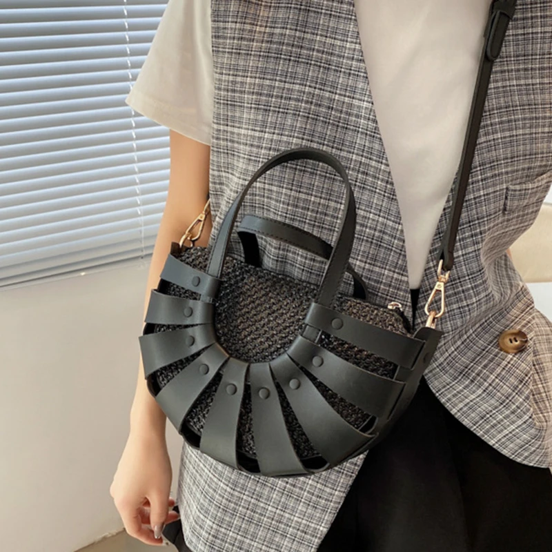 

Straw Semicircle Design Small Tote Bags For Women Summer Beach Woven Shoulder Crossbody Bag Female Travel PU Handbags New