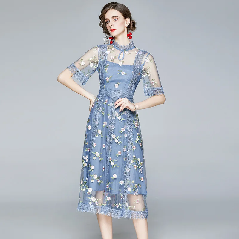 

gauze collar short sleeve perspective heavy embroidery floral water soluble posed dress female flowers spell receives