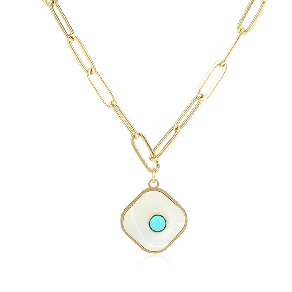

Exquisite Natural Shell Square Pendant Necklace for Women 316L Stainless Steel Link Chain Choker Collier Femme 14K Necklace Gift