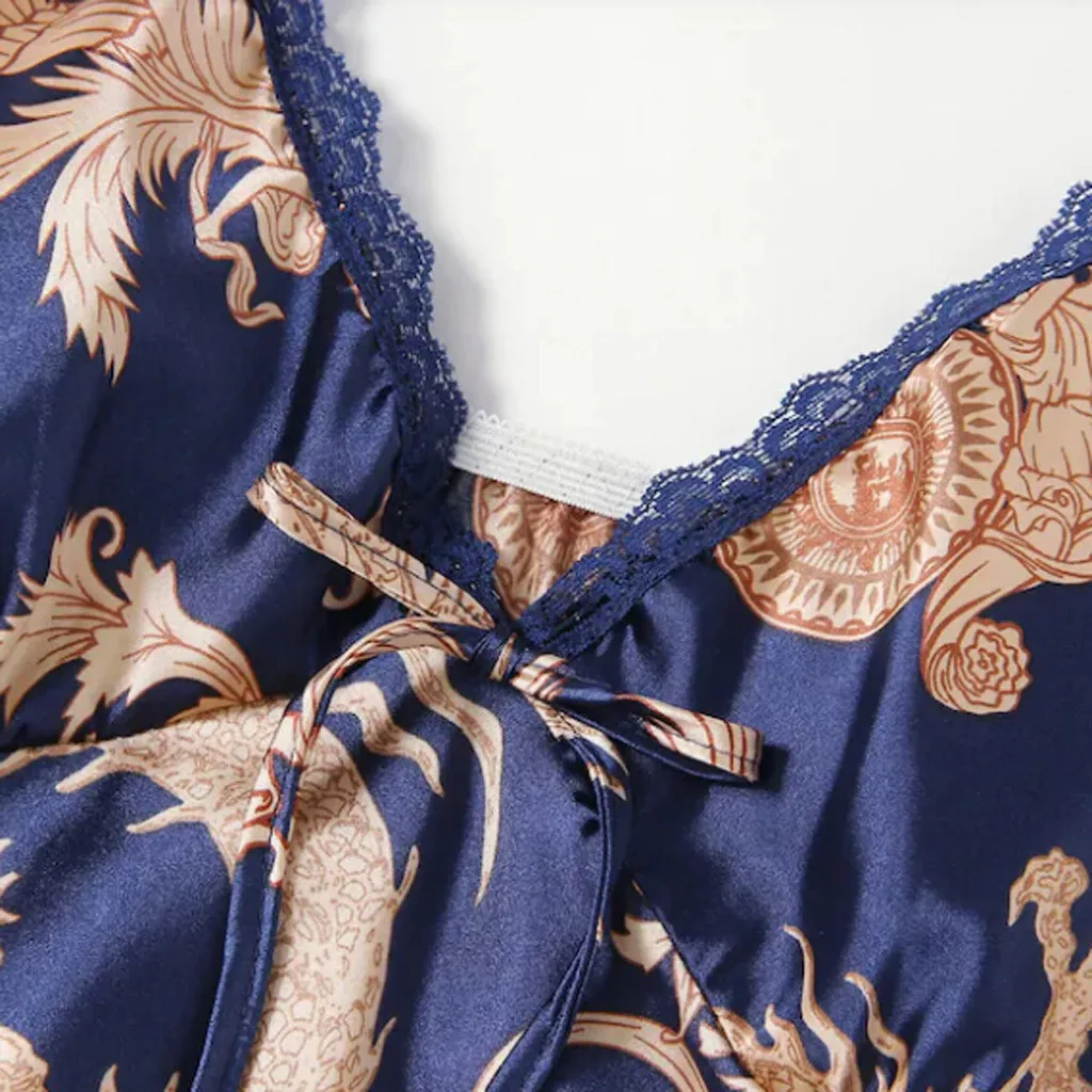 

Women V Neck Backless Sexy Nightgown Sleepwear Night Dress Summer New Sleeveless Printed Silk Satin Lingerie Nightwear Plus Size