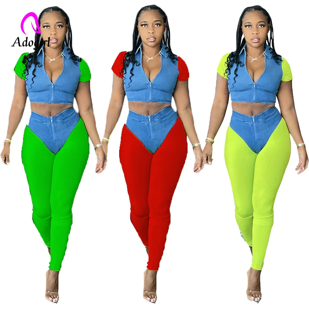 

Fitness Women 2 Piece Set Fake Denim Print Zipper Up Short Sleeve + High Waist Skinny Legging Matching Jogger Set Sporty Suit