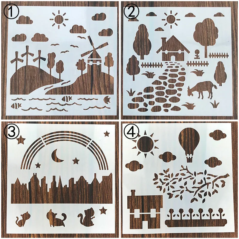 

4Pcs/set Cake Stencil Farm Cat Flower Openwork Painting Template Scrap Wall Embossing Craft Journal Accessories for Scrapbooking