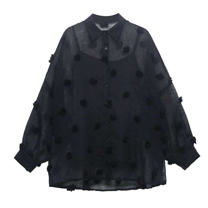 

XITAO Casual Women Shirt Fashion New Style Turn Down Collar Batwing Sleeve Perspective Three Dimensional Floral Elegant ZY3956