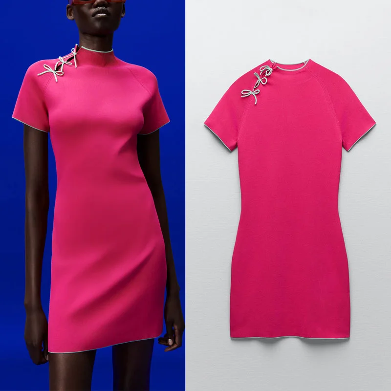 

Женское трикотажное мини-платье с бантом ZA, винтажное облегающее платье в китайском стиле с коротким рукавом, розово-красное Элегантное лет...