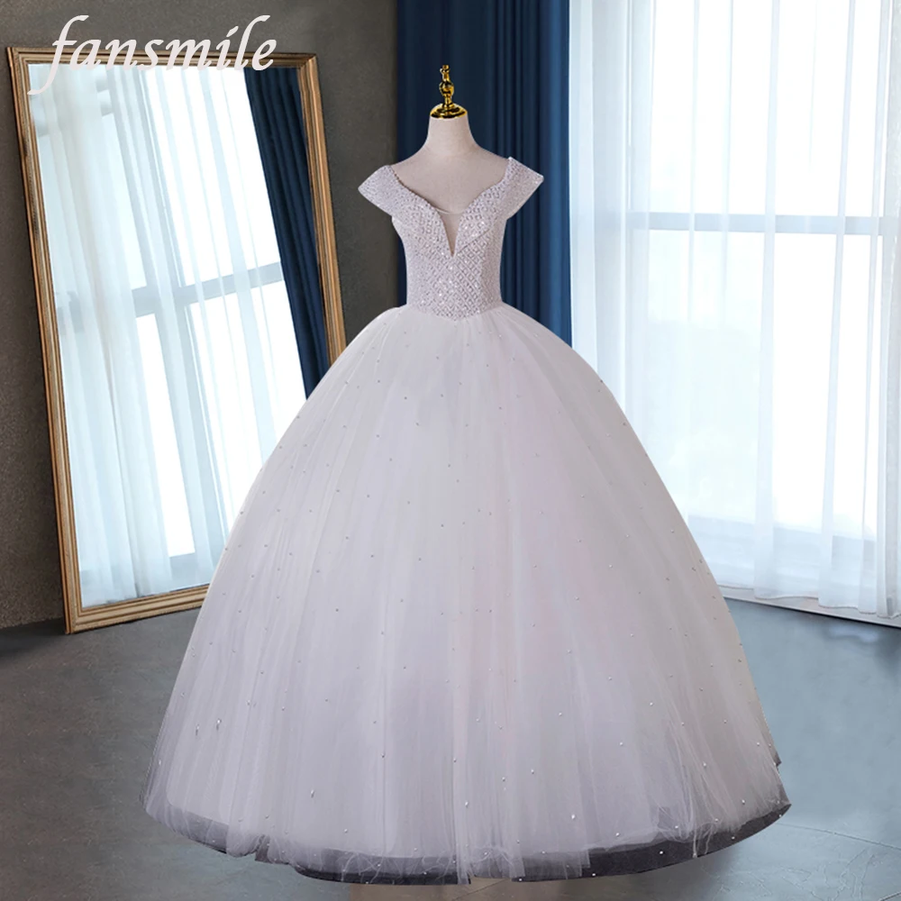 

Fansmile New Shiny Beading Vestido De Noiva Satin Wedding Dress 2022 Plus Size Wedding Gowns Bridal Dress FSM-200F