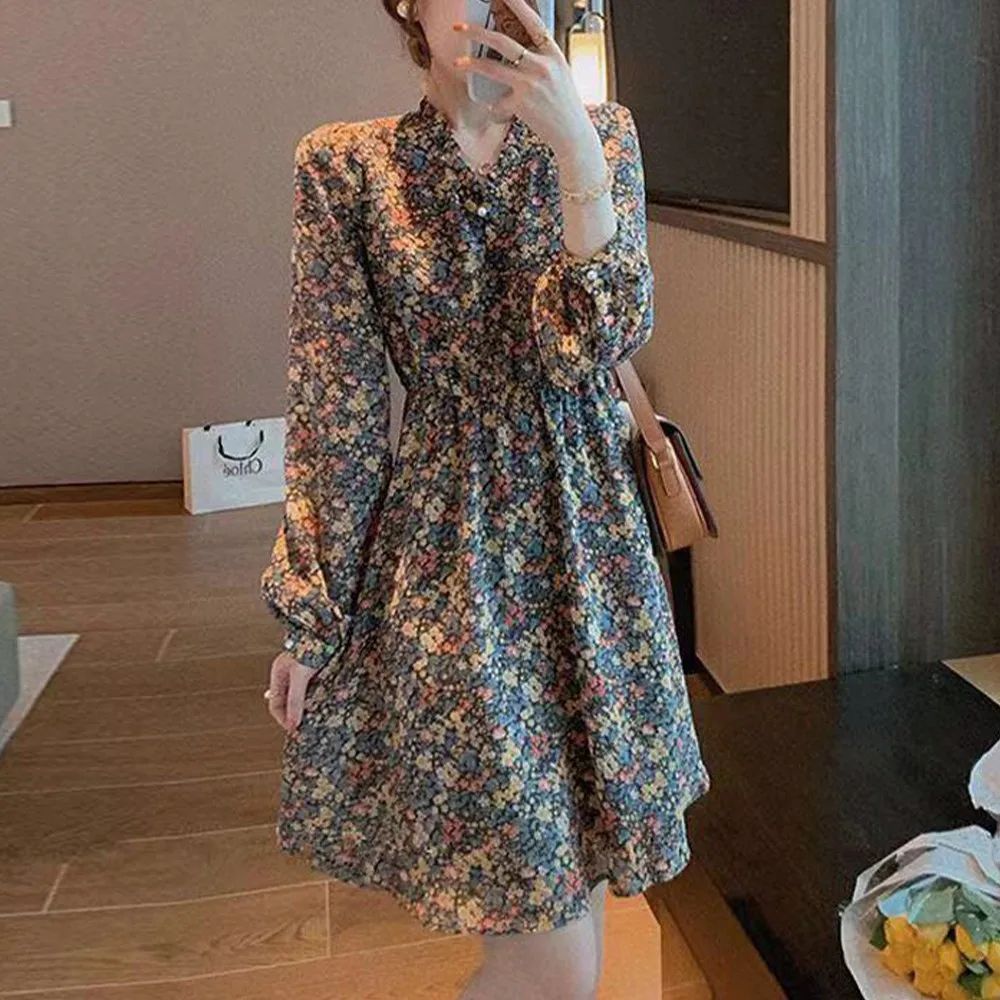 

Women Long Sleeve Printed Dress High Waist Lace Floral Chiffon Autumn Winter Loose Party Style Fashion