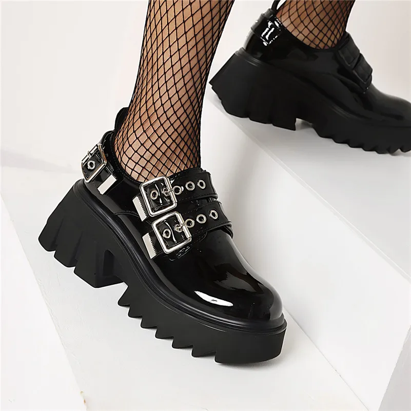 

ANNYMOLI Patent Leather High Heels Woman Shoes Platform Chunky Heel Pumps Punk Buckle Round Toe Shoes Ladies Footwear Spring 43