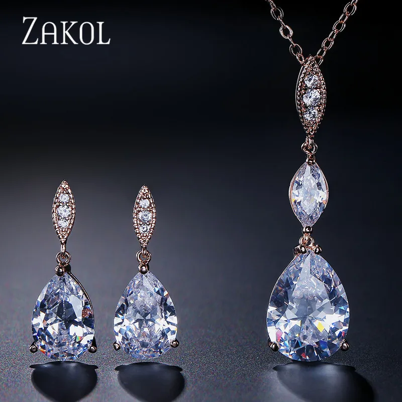 Комплект из серег и подвески с фианитами в виде капли воды|necklace set|brand necklace setnecklace
