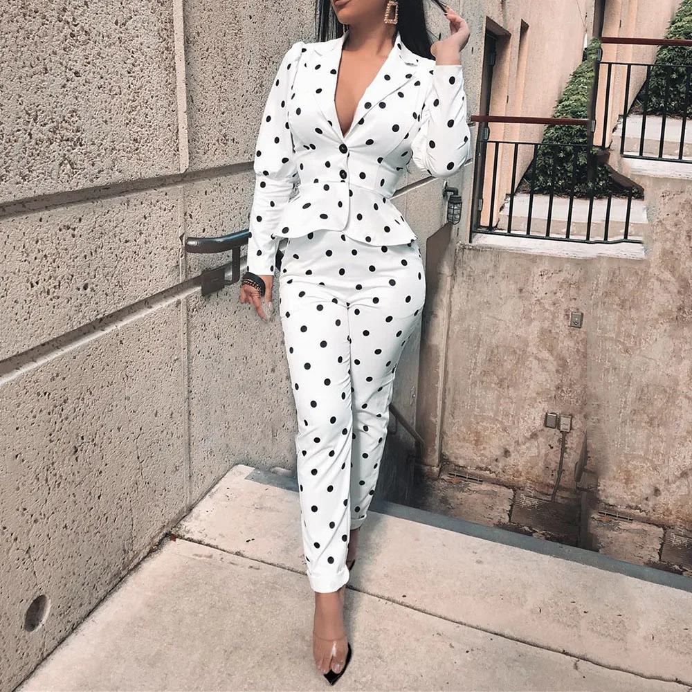 Офисный Женский комплект из двух предметов в горошек с v образным вырезом модный