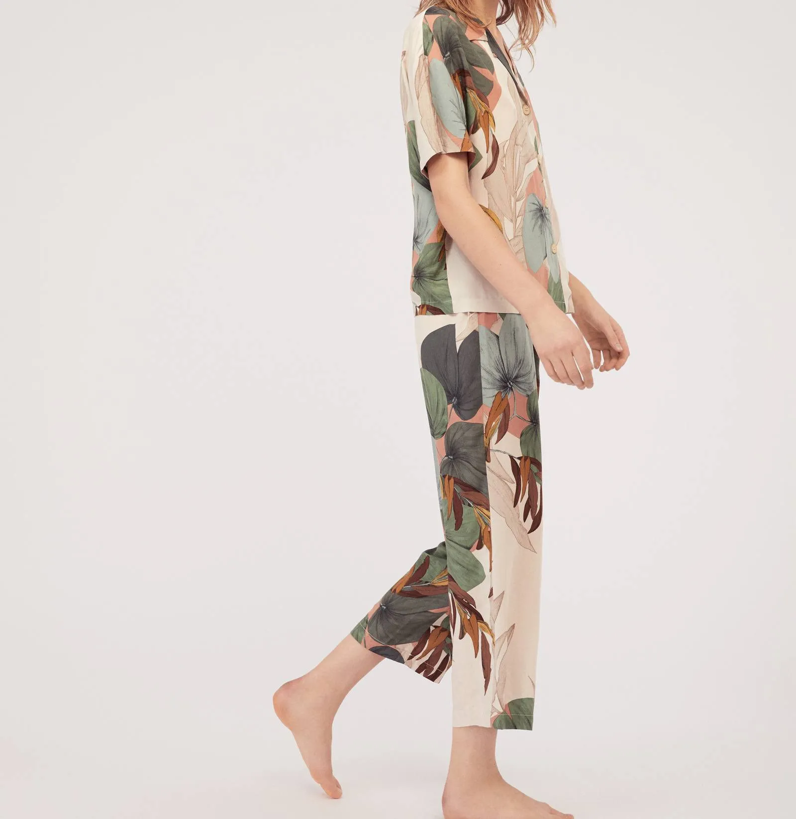 Женский Осенний пижамный комплект с отложным воротником и принтом короткий