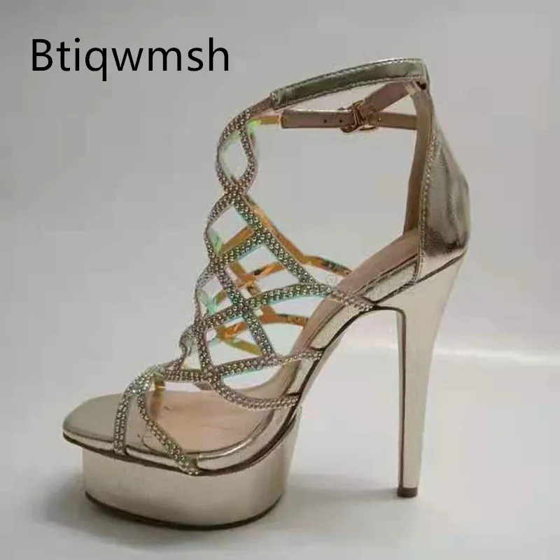 

Gold Silver Leather Platform Sandals Women Open Toe Rhinestone Diamond Cross Strap High Heels Shoes Woman Sexy Runway Shoes