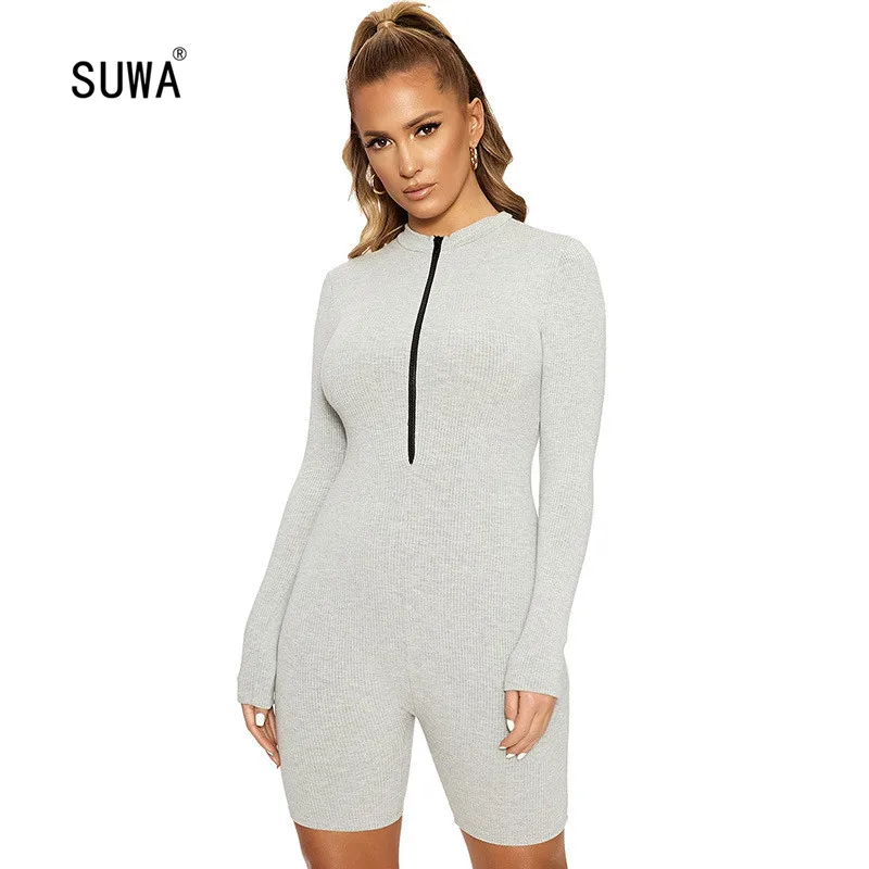 

Hot Sell Spring Streetwear Women Pure Color Front Zip Up Slim-fitting Short Jumpsuit Casual Femme Playsuit Catsuit 2 Color