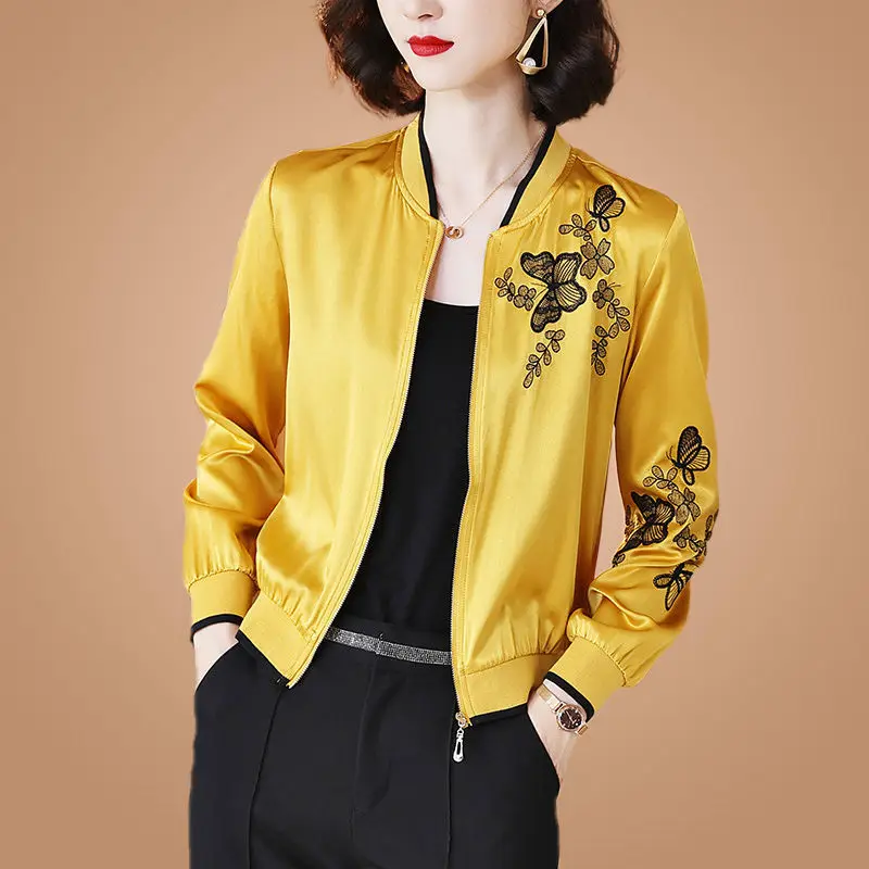 

2021 spring new Europe station Long Sleeve Silk Jacket Women's loose and fashionable Baseball Jacket design sense jacket
