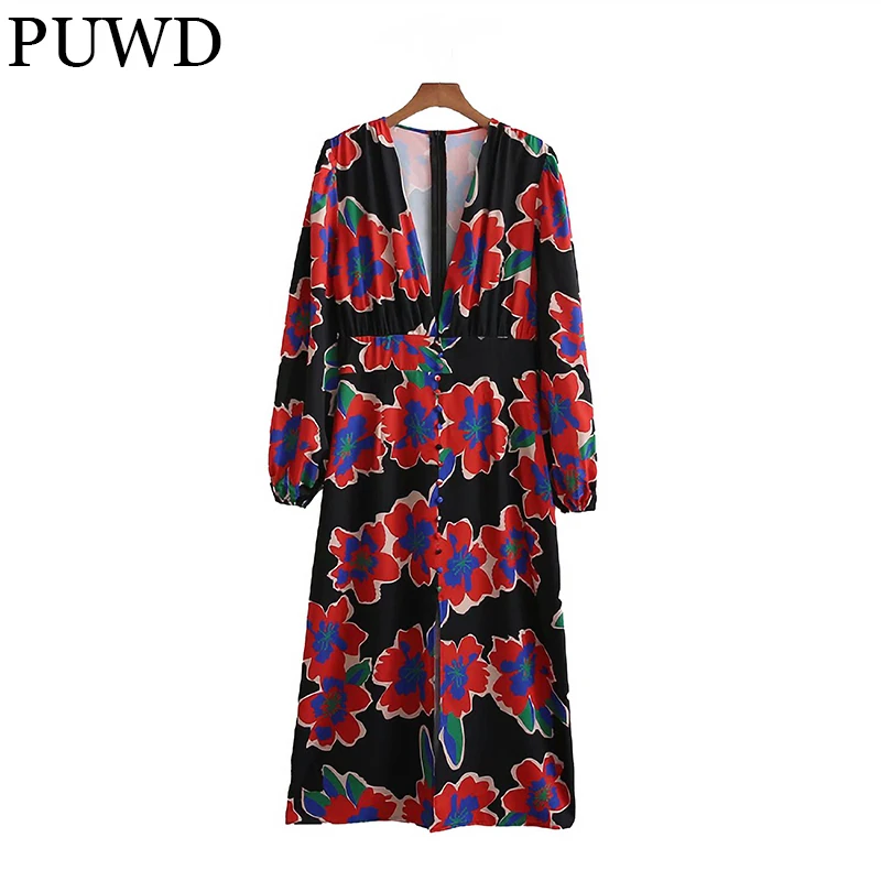 

Платье женское средней длины на пуговицах с длинным рукавом и глубоким V-образным вырезом