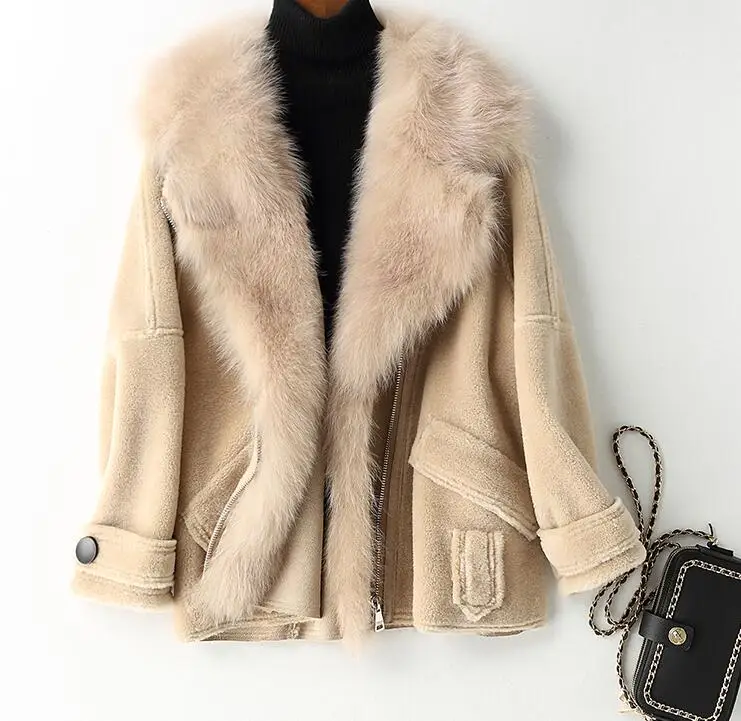Real Fur Coat Fox Fur Collar Wool Jacket Autumn Winter Coat Women Clothes Korean Vintage Sheep Shearling Women Tops ZT3495