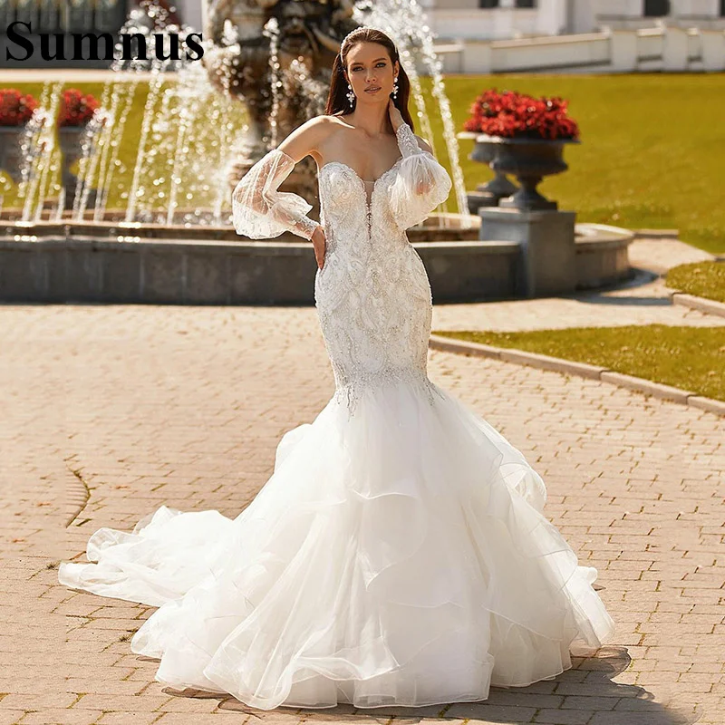 

Свадебные платья Sumnus с юбкой-годе 2021, платье невесты со съемными длинными рукавами и бусинами сердечки в несколько рядов