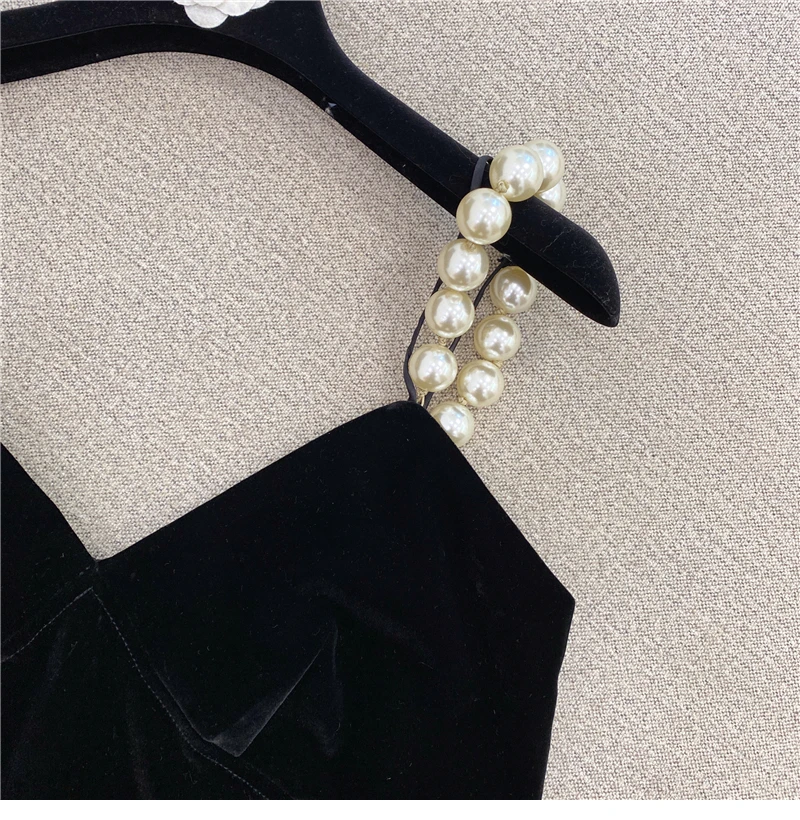 Sexy Top Women's Pearl Gold Chain Shoulder Strap Black Slimming Velvet Vest Camisole Tank Black