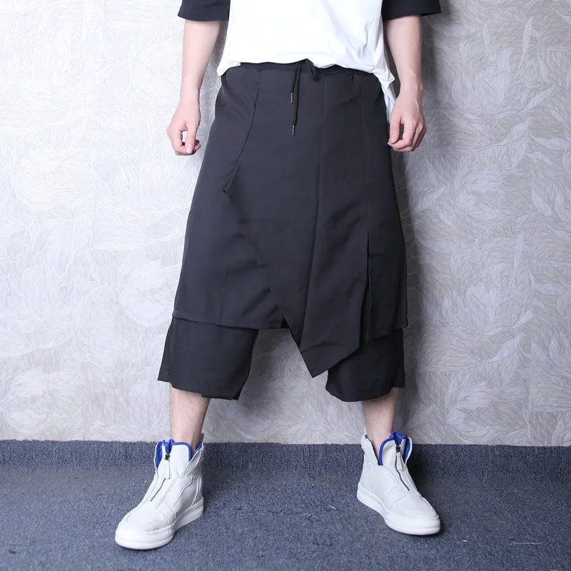 

S-6XL!!2019 summer men's haren pants popular logo personality dark yamamoto art style fabric patchwork fake two culottes