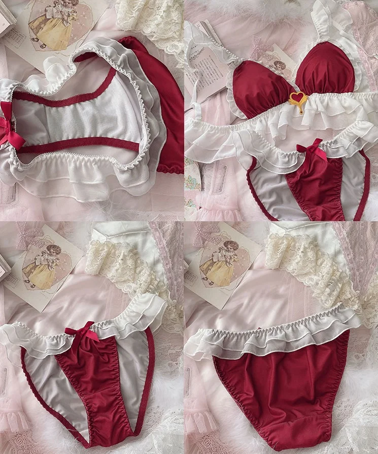 

Honviey girl cute women lingerie underpants suit red magic sexy ruffle tria my melody bra set without steel ring underwear set