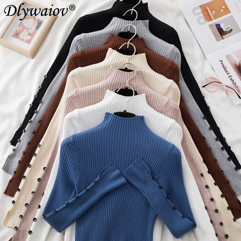 

Джемпер женский с воротником-стойкой, однотонный облегающий свитер, новинка 2022, пуловер с разрезом на пуговицах, Дамский свитер, топы, кофей...