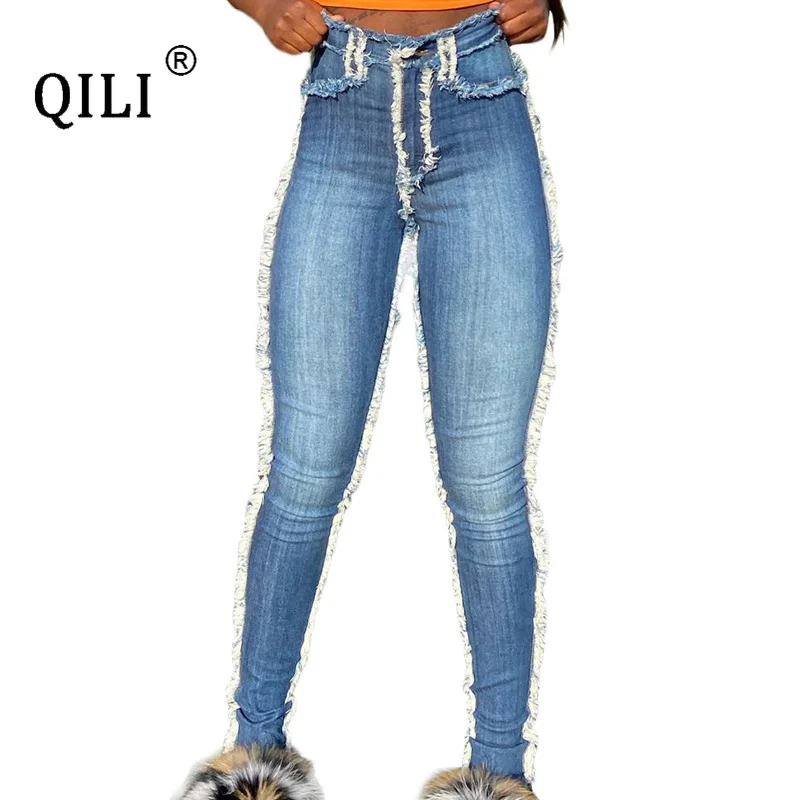 

QILI Plus Size Denim Pants for Womens High Waist Zipper Fly Pencil Pants Skinny Trousers Blue Sanding Elegant Temperament Jeans