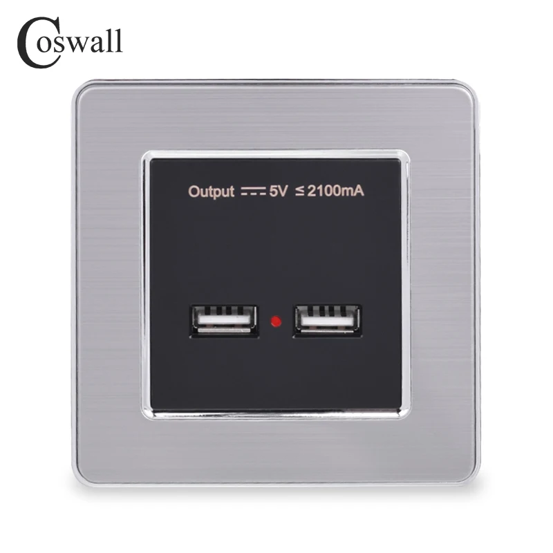 COSWALL настенная розетка с двумя usb-портами для зарядки для мобильных телефонов 5 в 2,1 А, светодиодный индикатор, панель из нержавеющей стали