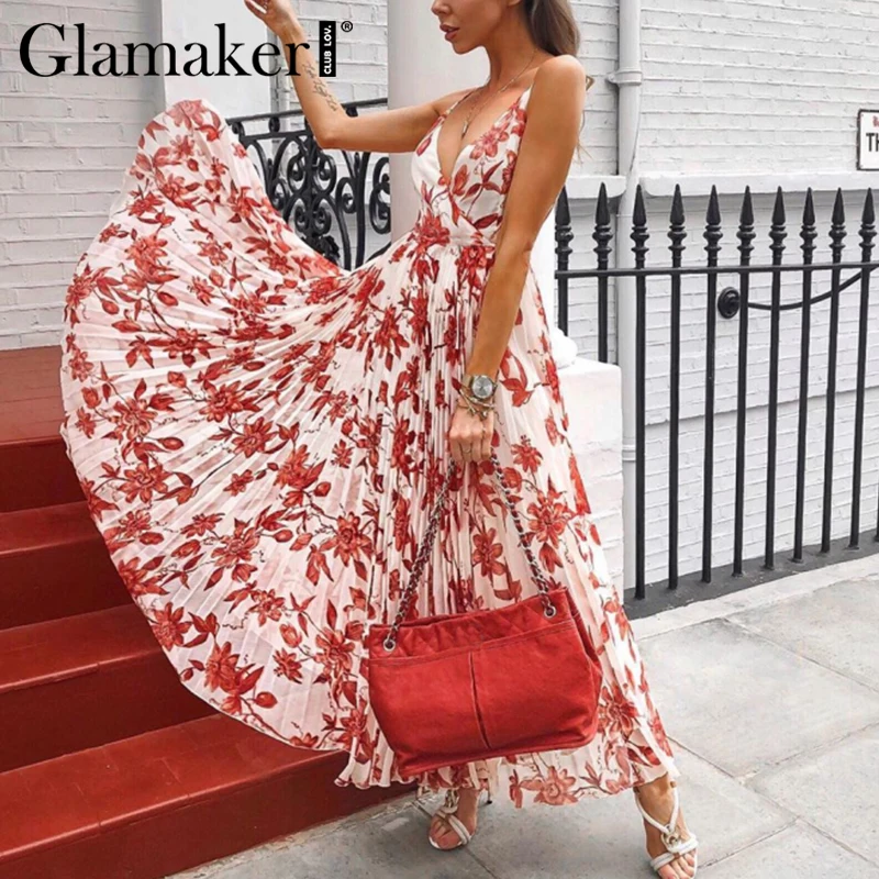 Женское праздничное платье-макси Glamaker красное Цветочное платье Бохо без рукавов