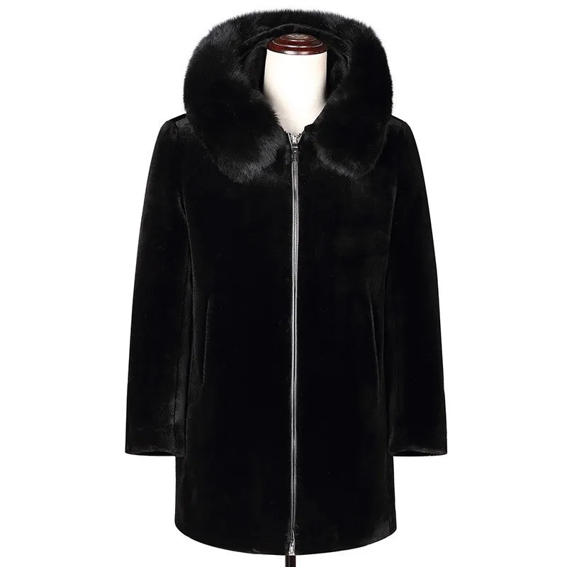 Мужская шерстяная куртка черная из искусственного лисьего меха со съемным